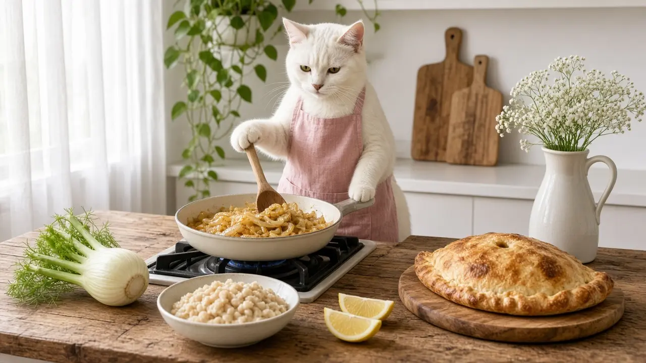 A cream-coloured cat in a pink apron, cooking this dish