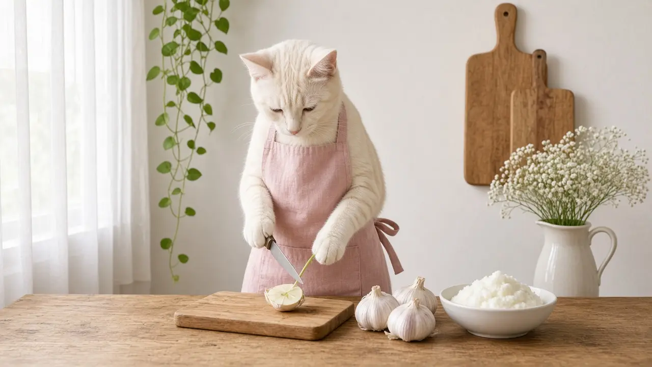A cream-coloured cat in a pink apron, cooking this dish