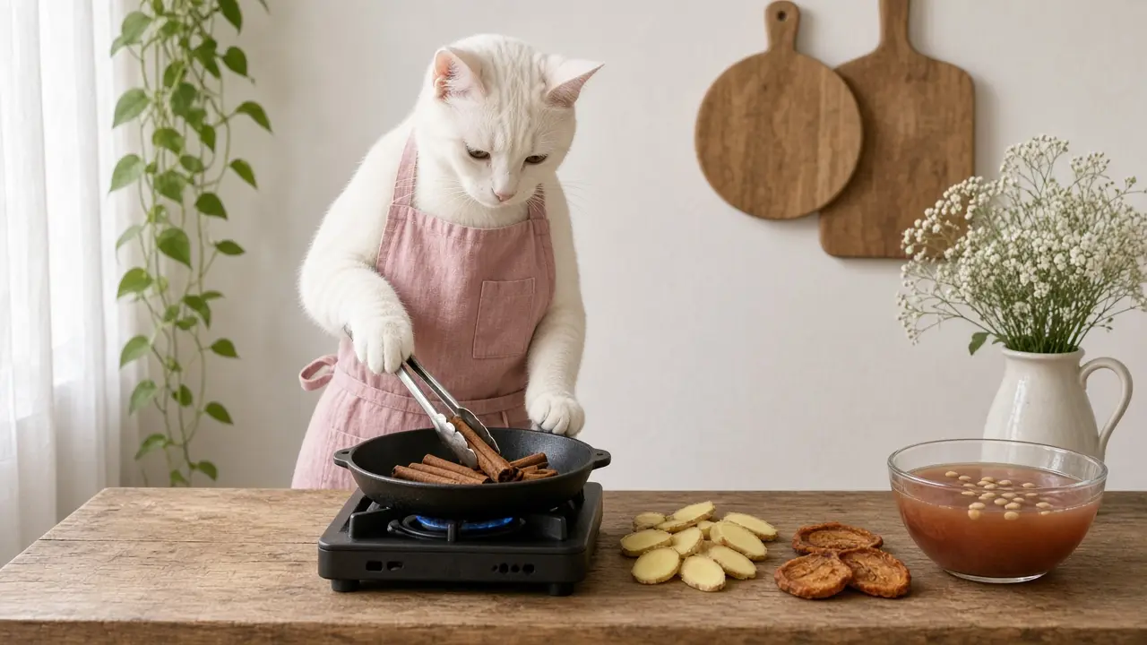 A cream-coloured cat in a pink apron, cooking this dish