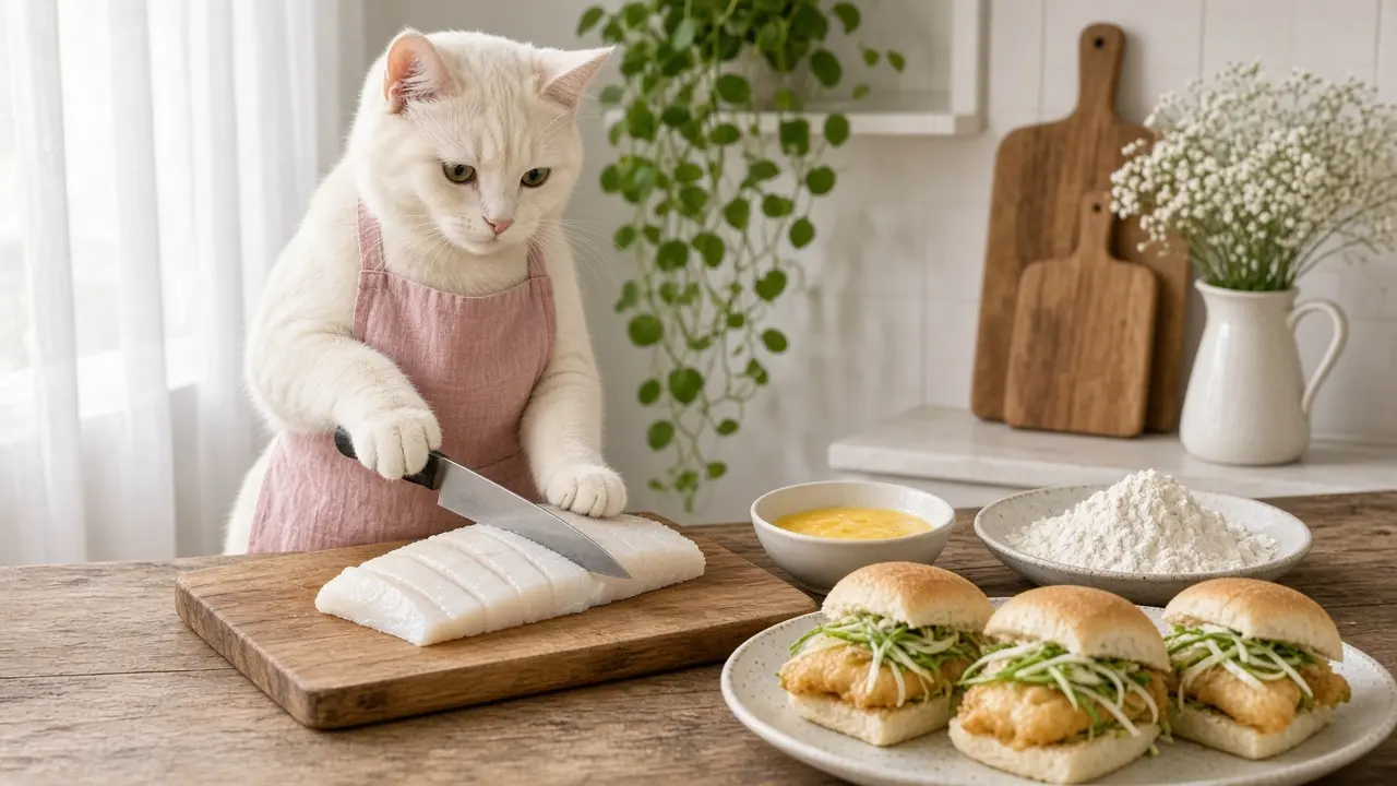 A cream-coloured cat in a pink apron, cooking this dish