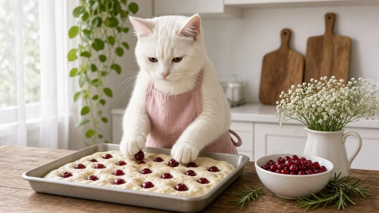 A cream-coloured cat in a pink apron, cooking this dish