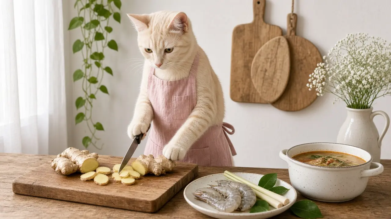 A cream-coloured cat in a pink apron, cooking this dish