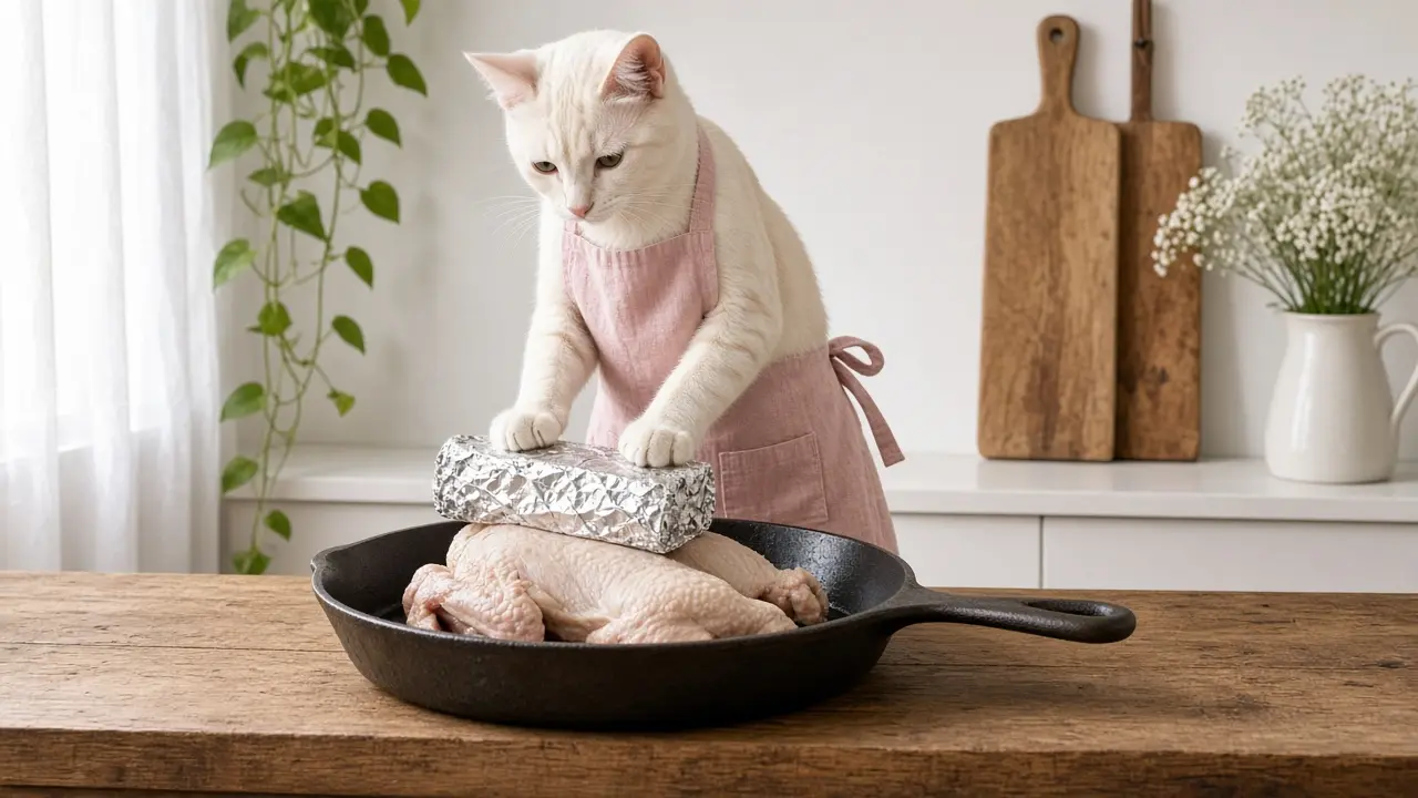 A cream-coloured cat in a pink apron, cooking this dish