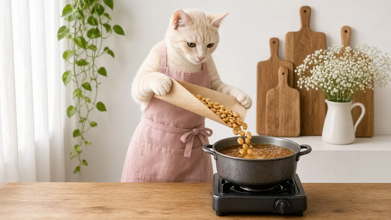 A cream-coloured cat in a pink apron, cooking this dish