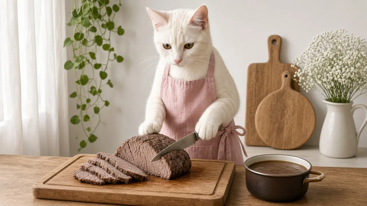 A cream-coloured cat in a pink apron, cooking this dish