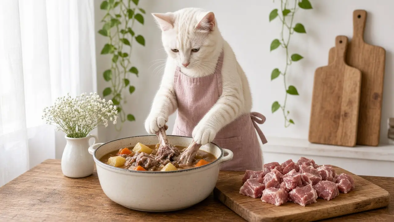 A cream-coloured cat in a pink apron, cooking this dish