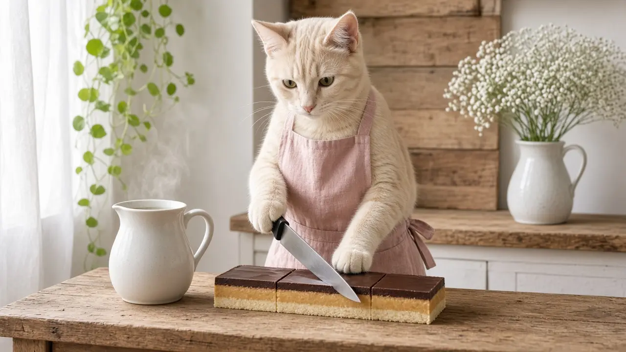 A cream-coloured cat in a pink apron, cooking this dish