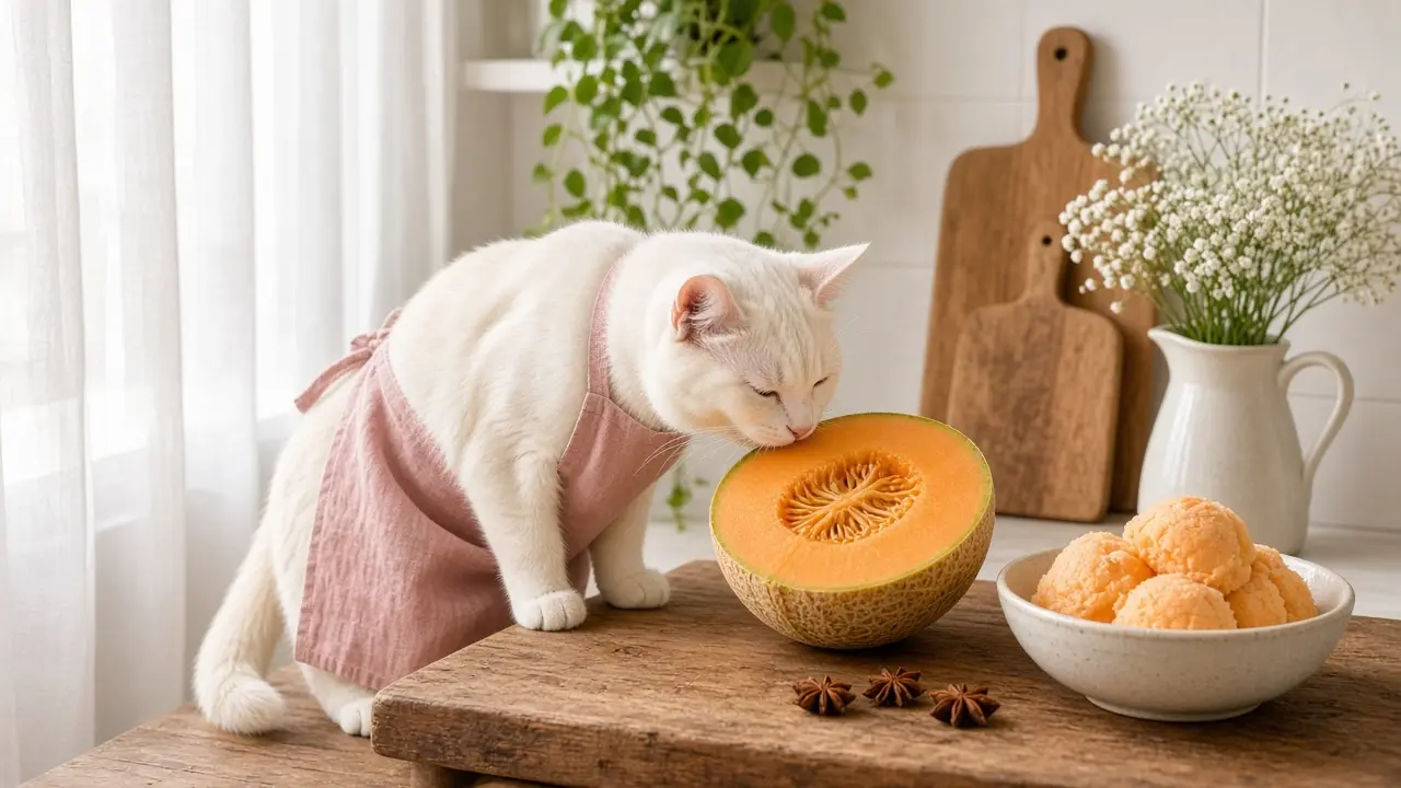 A cream-coloured cat in a pink apron, cooking this dish