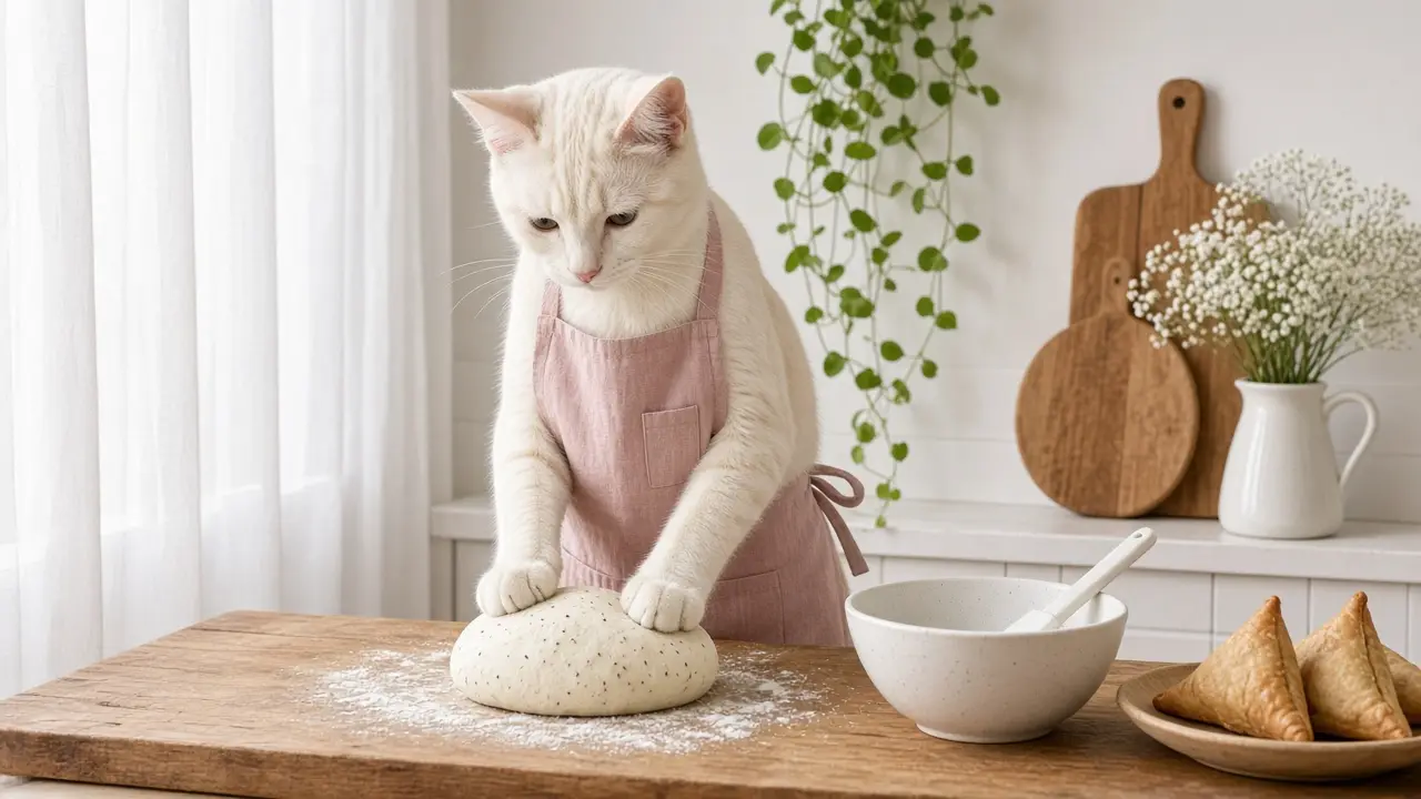 A cream-coloured cat in a pink apron, cooking this dish