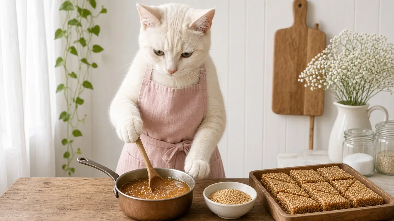 A cream-coloured cat in a pink apron, cooking this dish