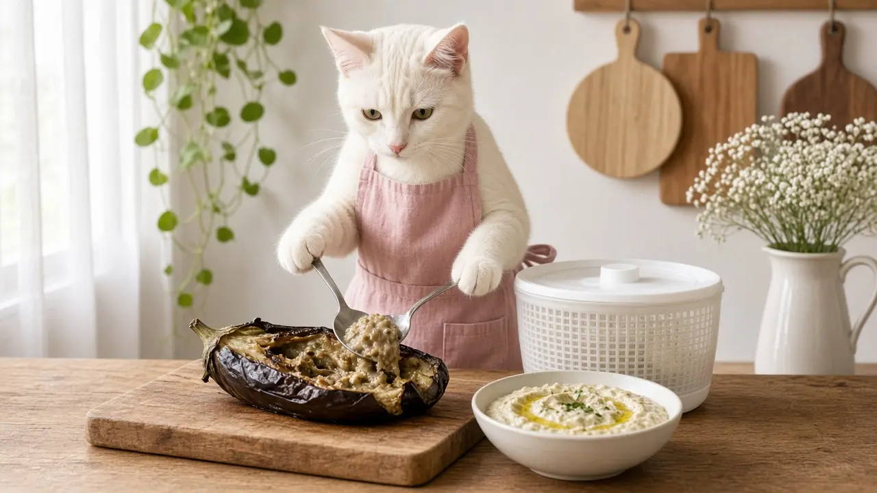 A cream-coloured cat in a pink apron, cooking this dish