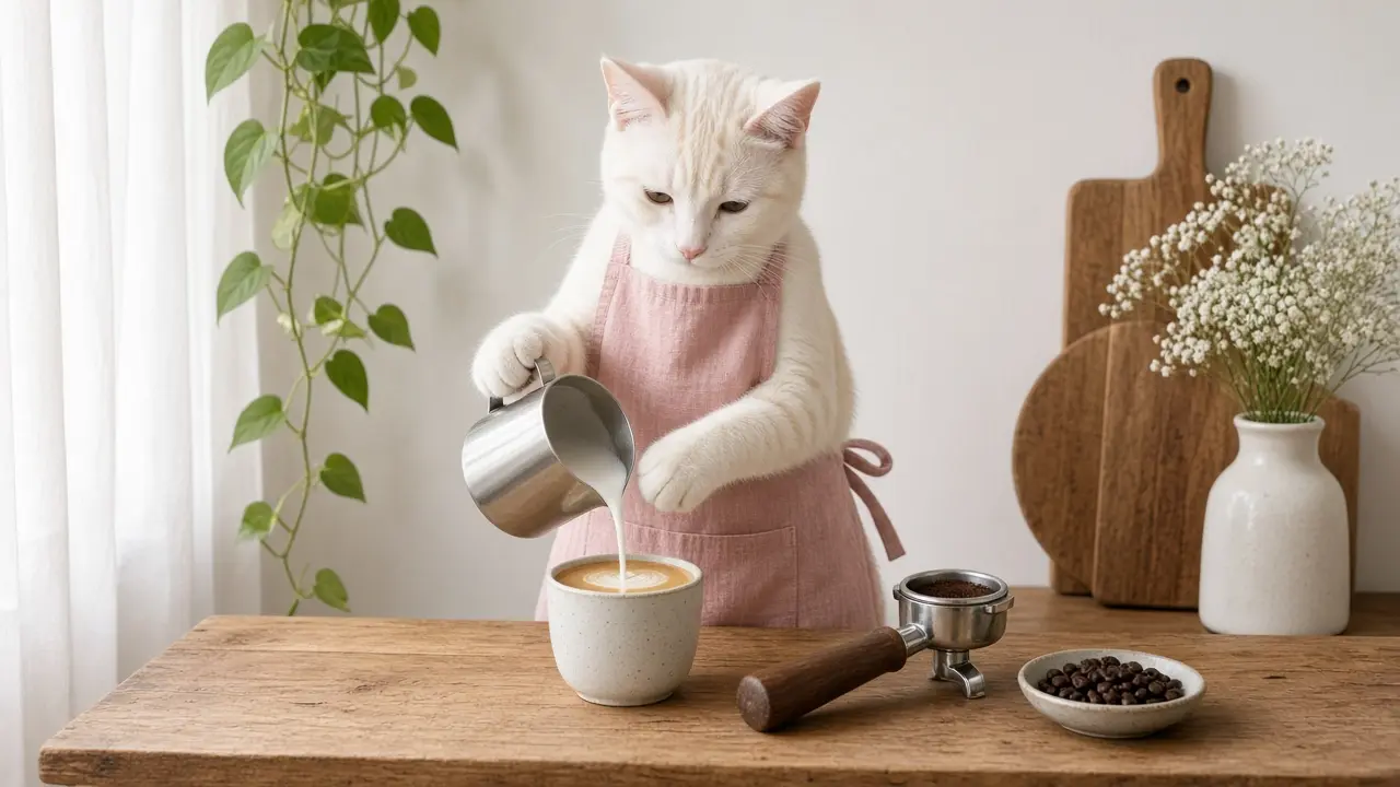 A cream-coloured cat in a pink apron, cooking this dish