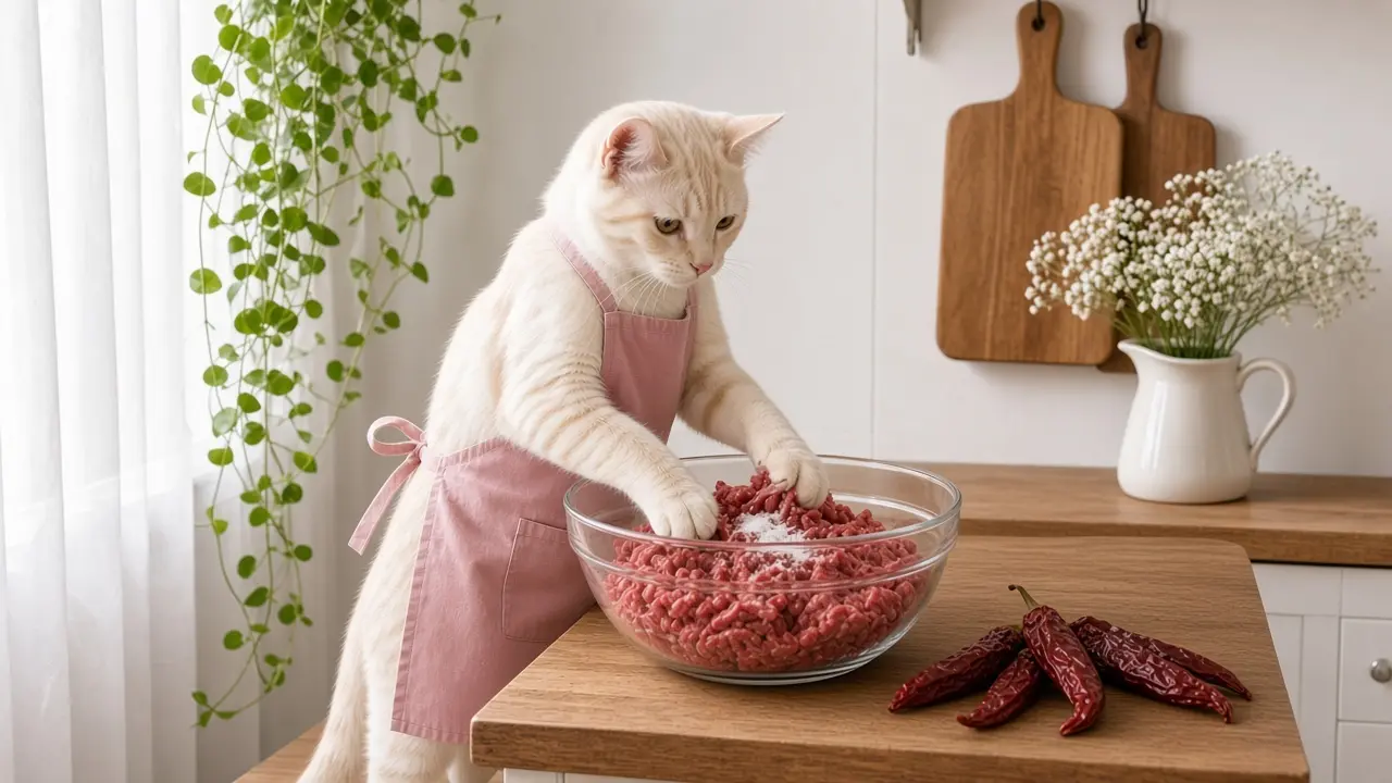A cream-coloured cat in a pink apron, cooking this dish