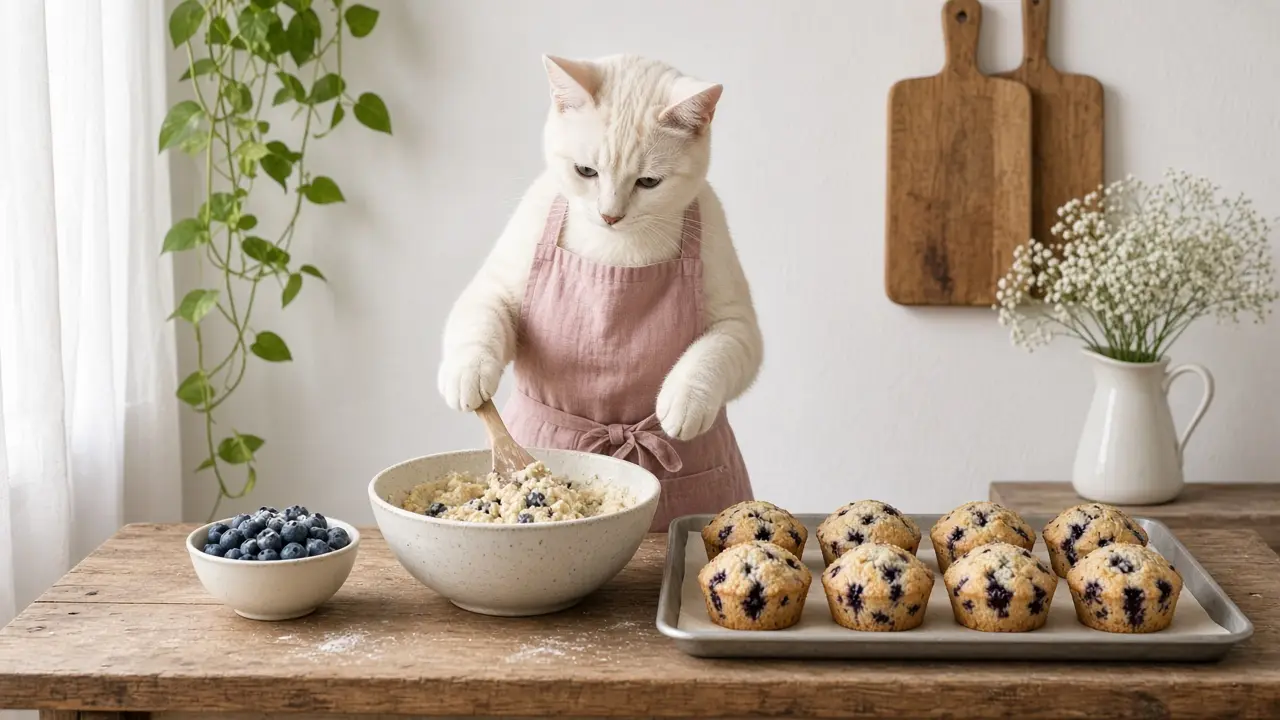 A cream-coloured cat in a pink apron, cooking this dish
