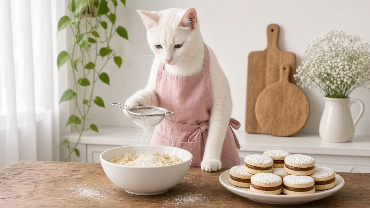 A cream-coloured cat in a pink apron, cooking this dish