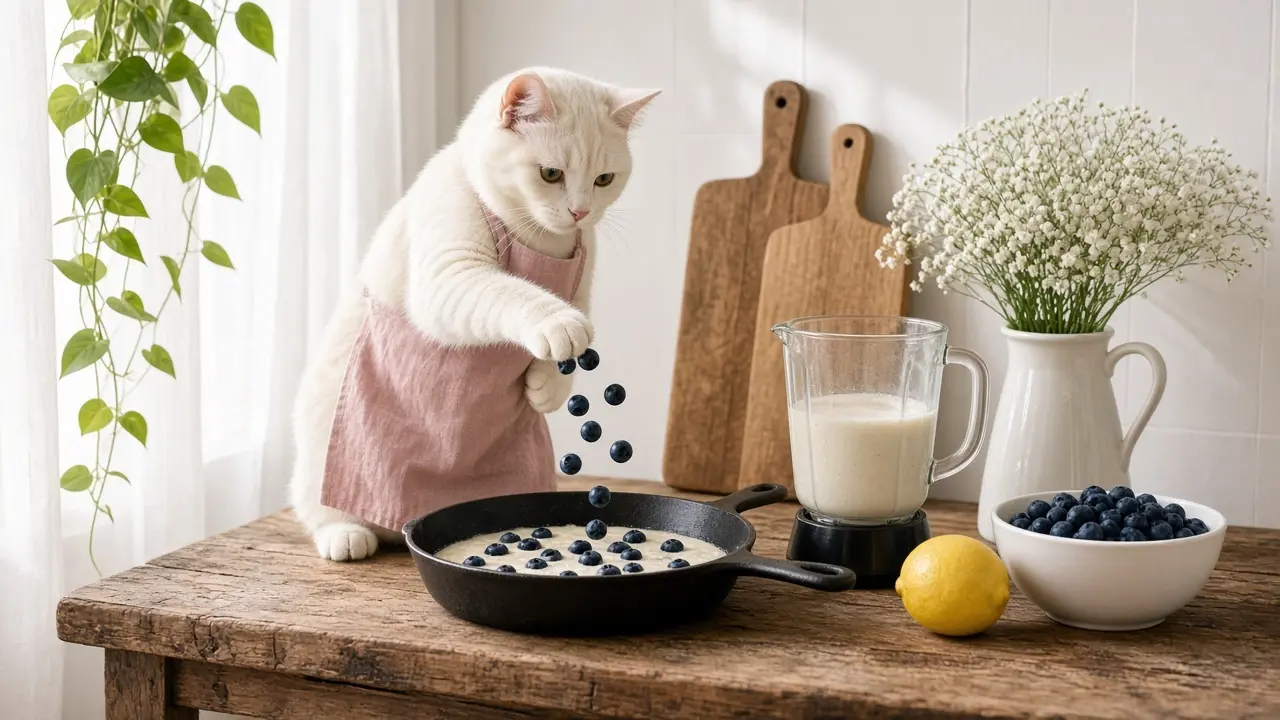 A cream-coloured cat in a pink apron, cooking this dish