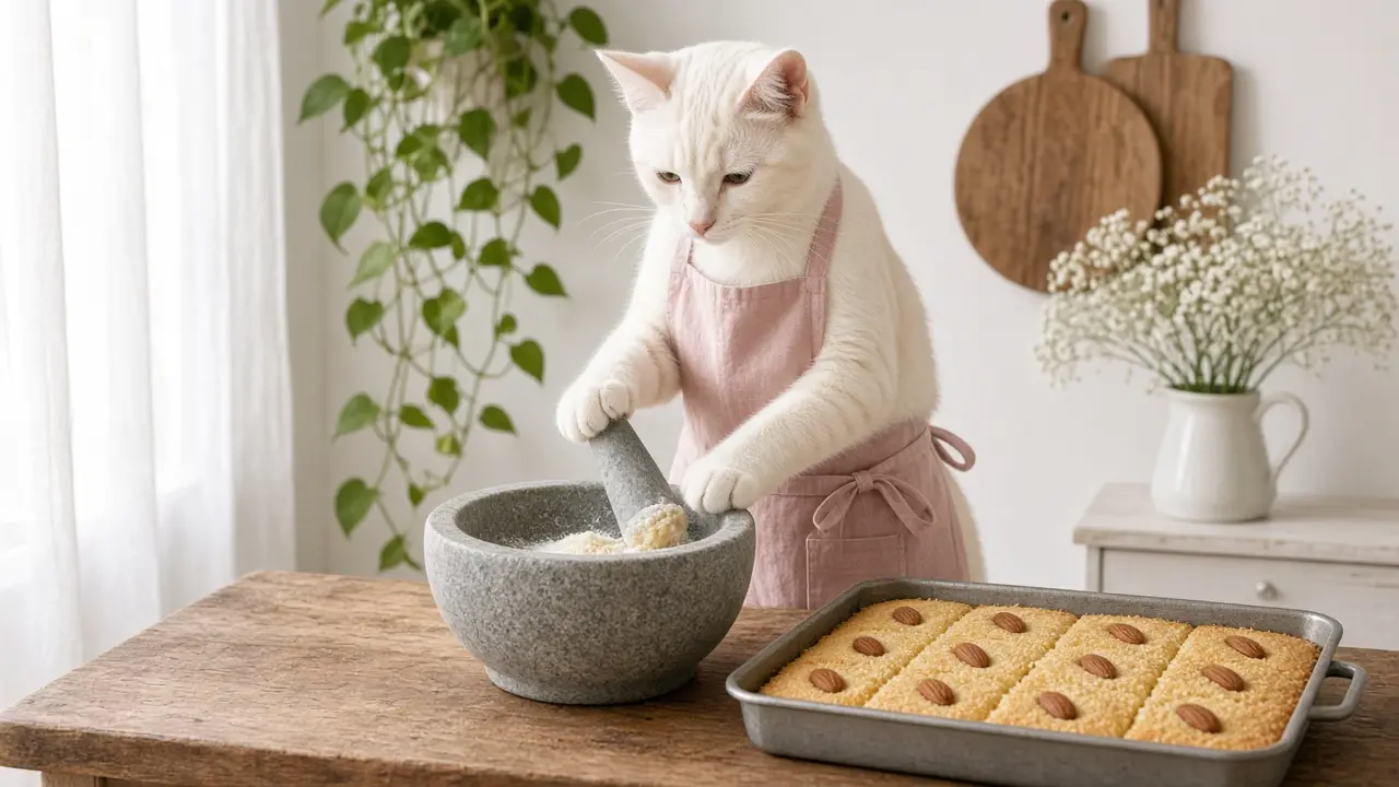 A cream-coloured cat in a pink apron, cooking this dish