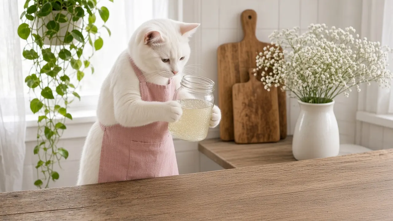 A cream-coloured cat in a pink apron, cooking this dish