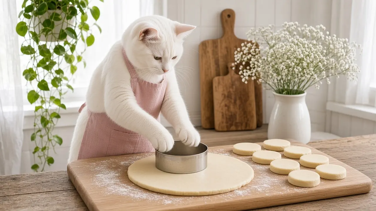 A cream-coloured cat in a pink apron, cooking this dish