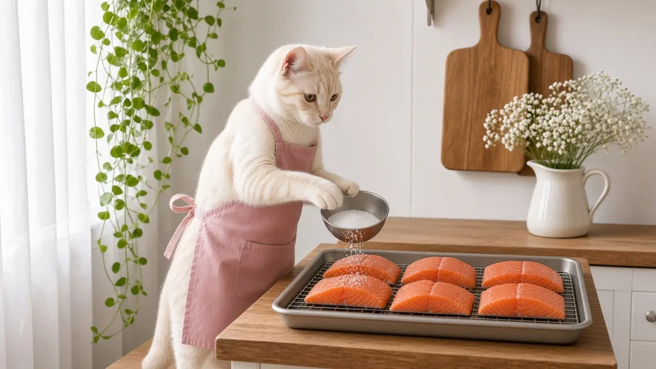 A cream-coloured cat in a pink apron, cooking this dish