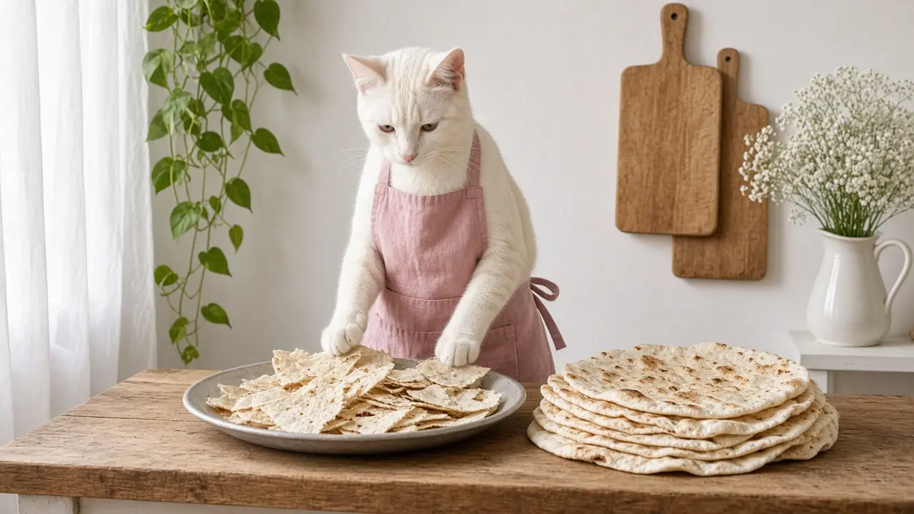 A cream-coloured cat in a pink apron, cooking this dish