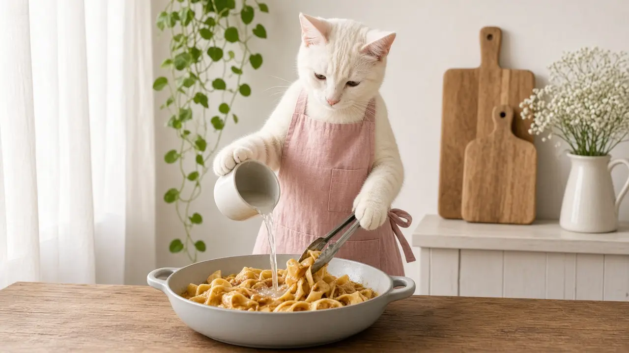 A cream-coloured cat in a pink apron, cooking this dish