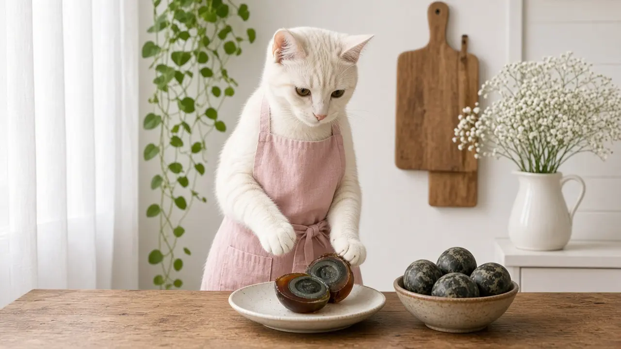 A cream-coloured cat in a pink apron, cooking this dish
