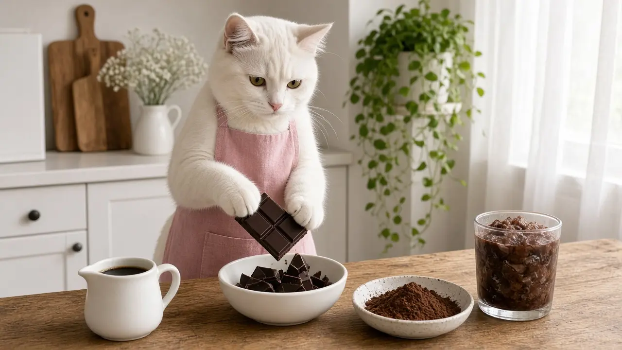 A cream-coloured cat in a pink apron, cooking this dish