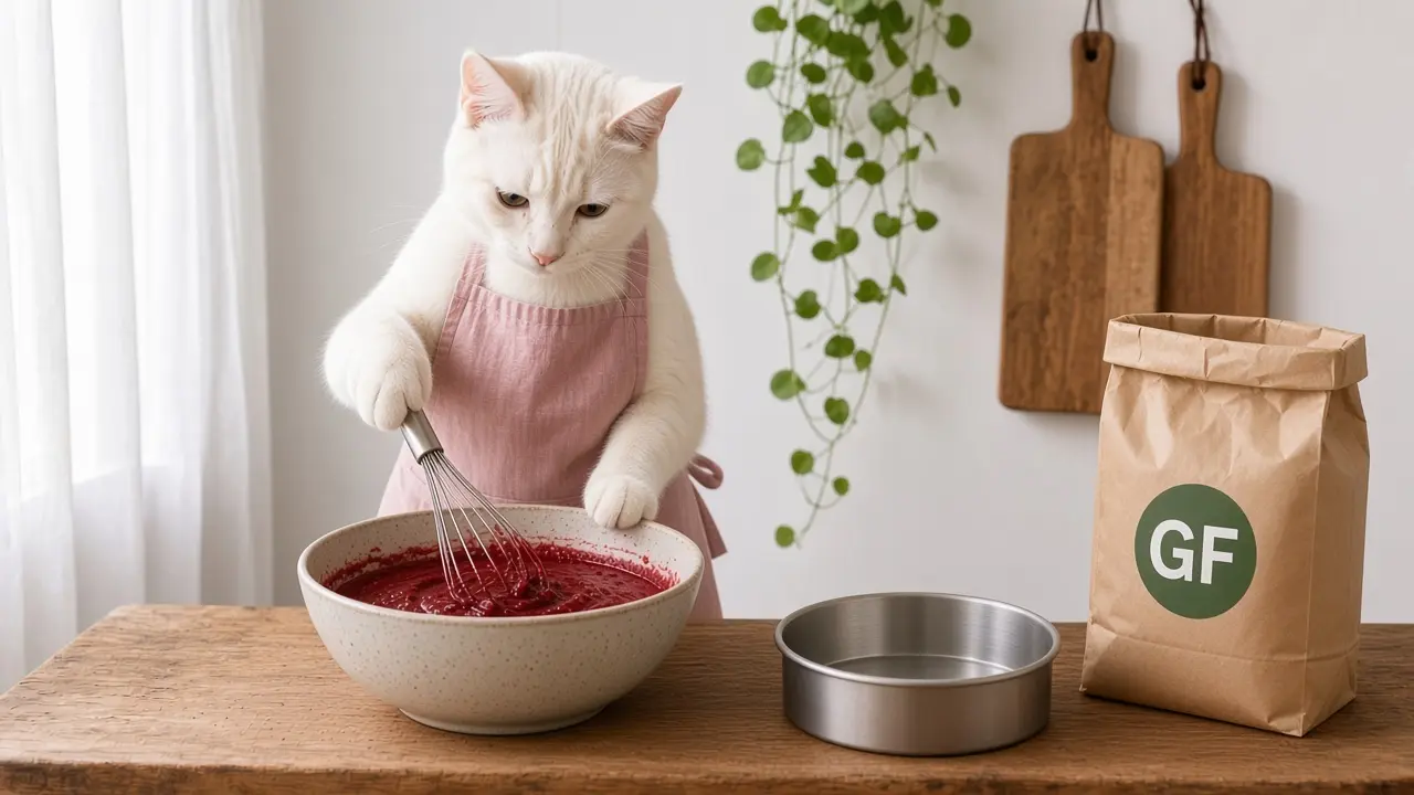 A cream-coloured cat in a pink apron, cooking this dish
