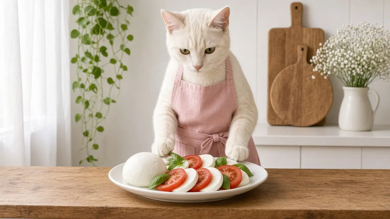 A cream-coloured cat in a pink apron, cooking this dish