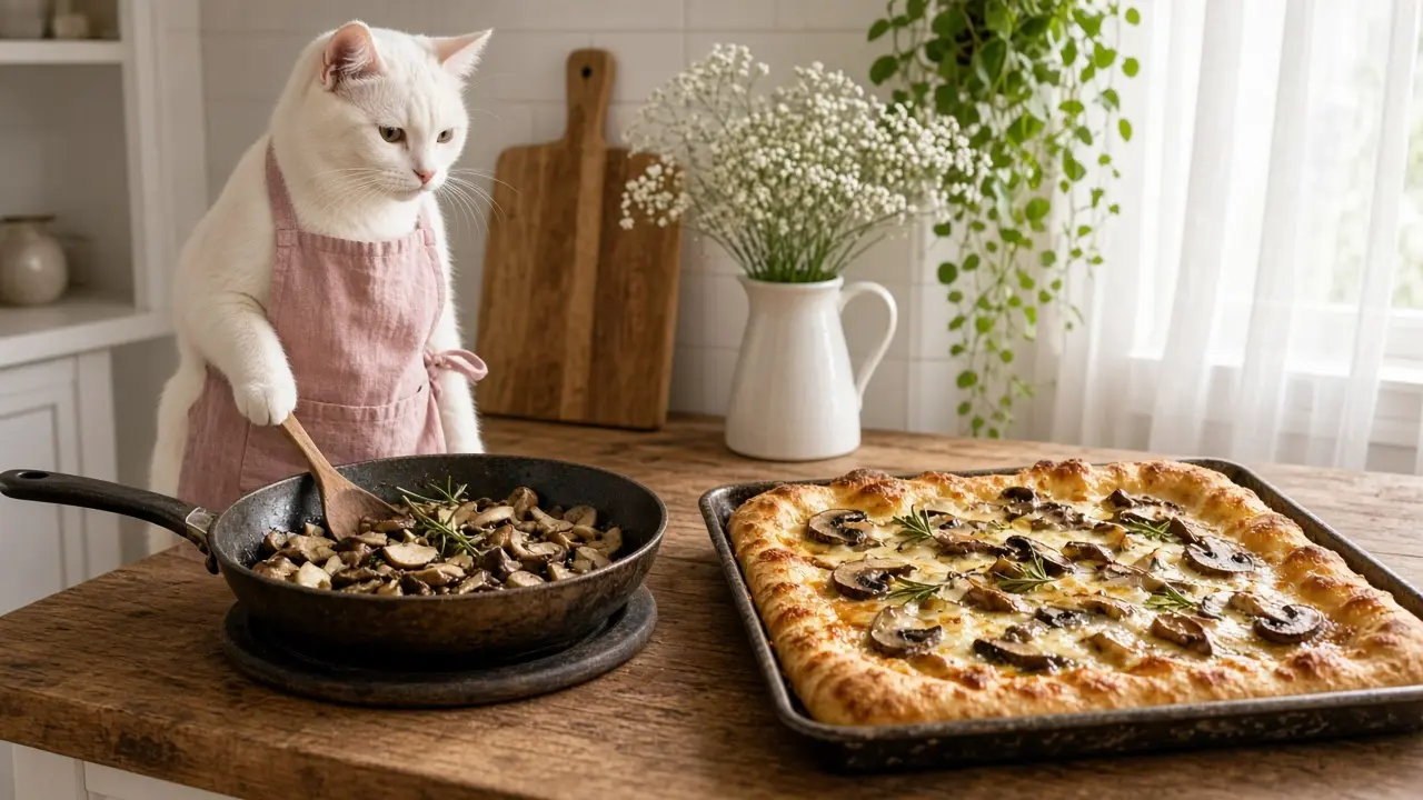 A cream-coloured cat in a pink apron, cooking this dish