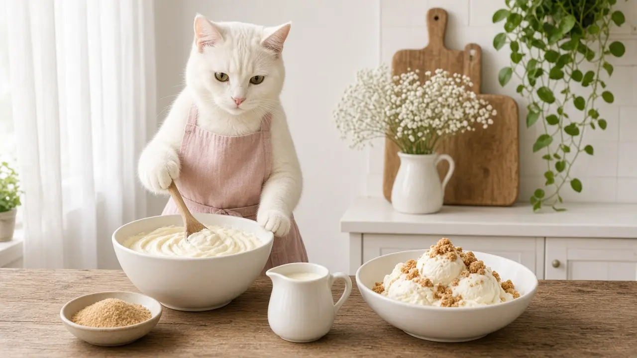 A cream-coloured cat in a pink apron, cooking this dish