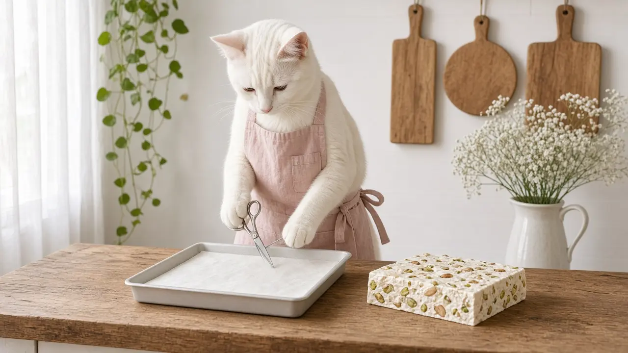 A cream-coloured cat in a pink apron, cooking this dish