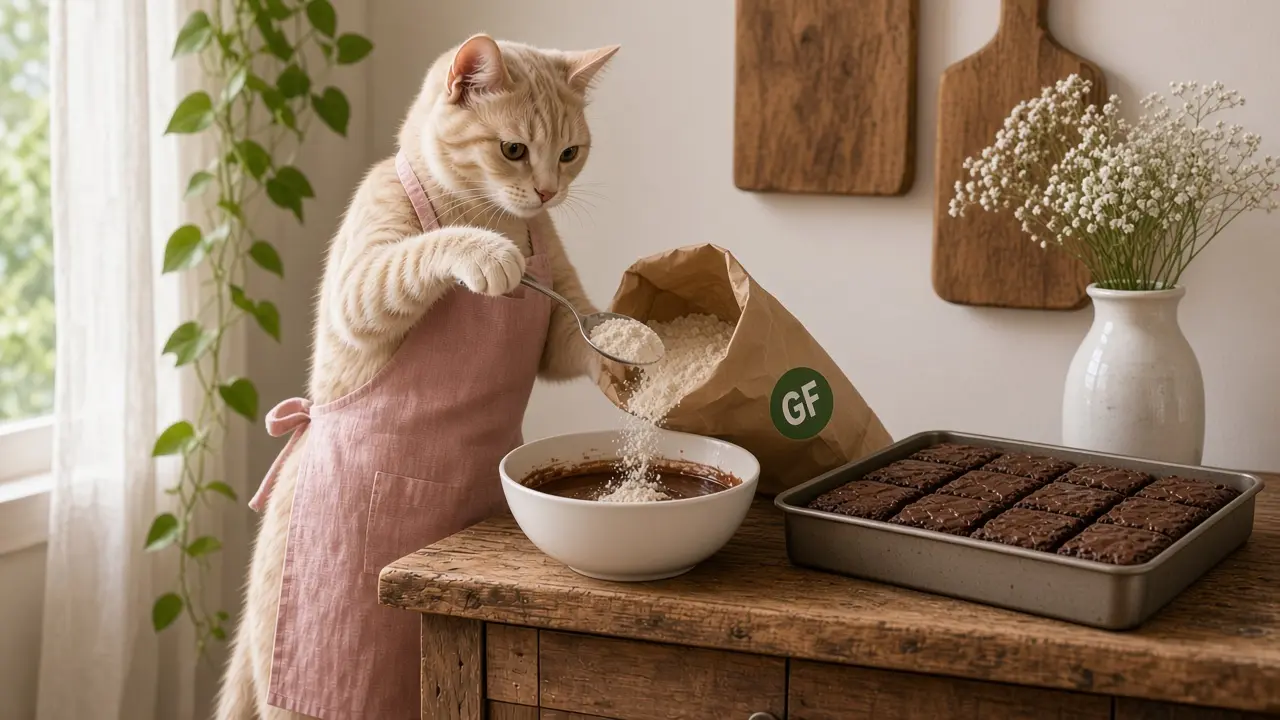 A cream-coloured cat in a pink apron, cooking this dish