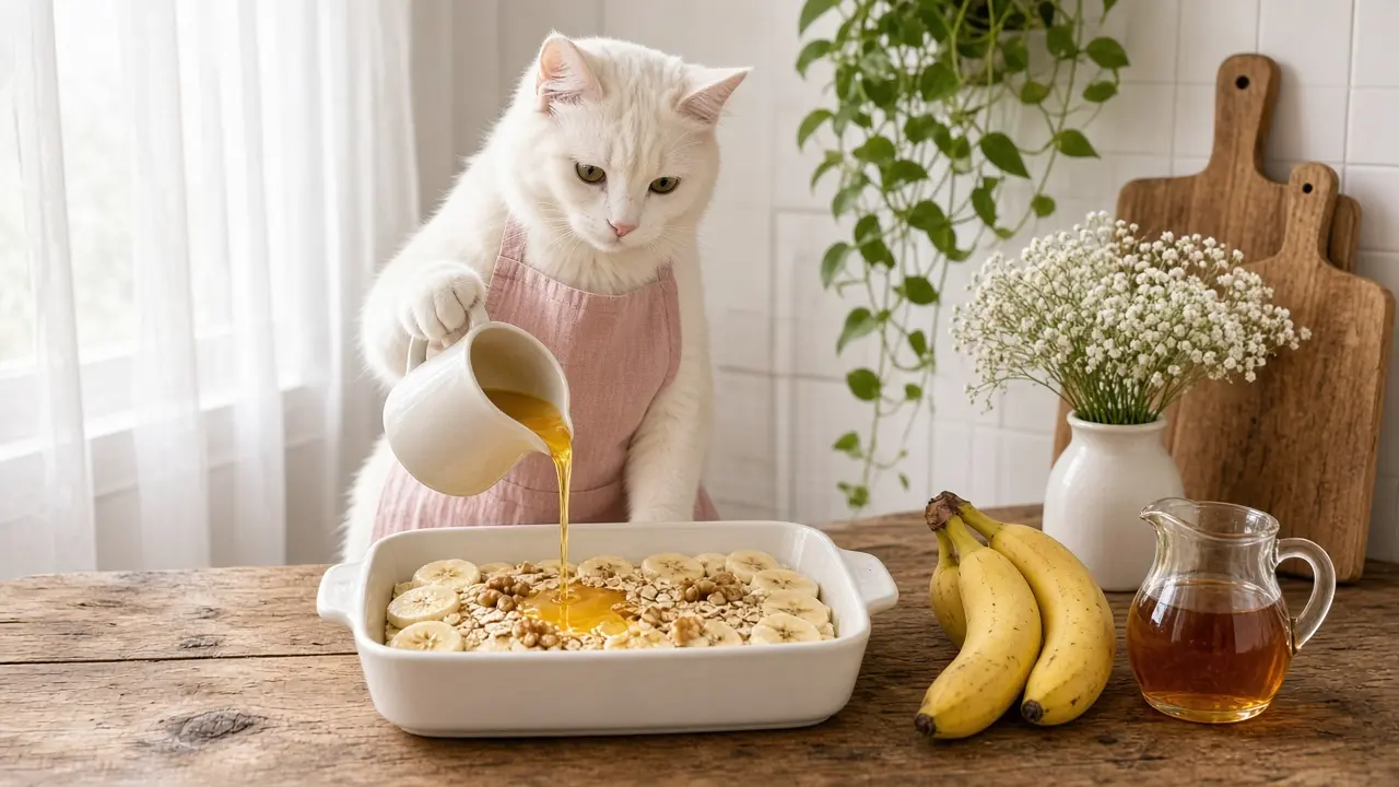A cream-coloured cat in a pink apron, cooking this dish