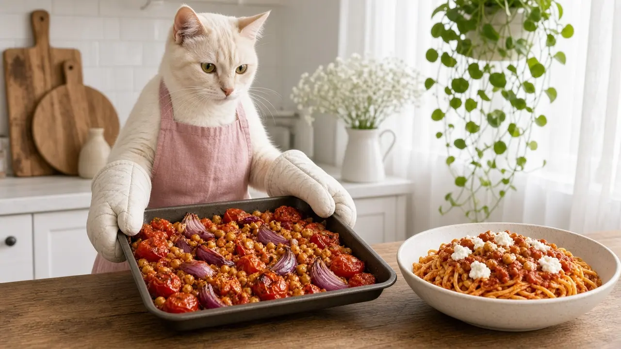 A cream-coloured cat in a pink apron, cooking this dish