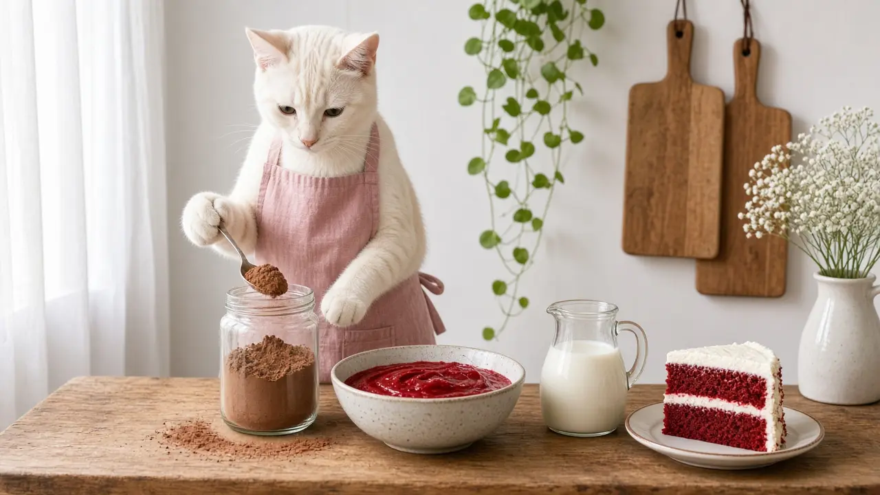 A cream-coloured cat in a pink apron, cooking this dish