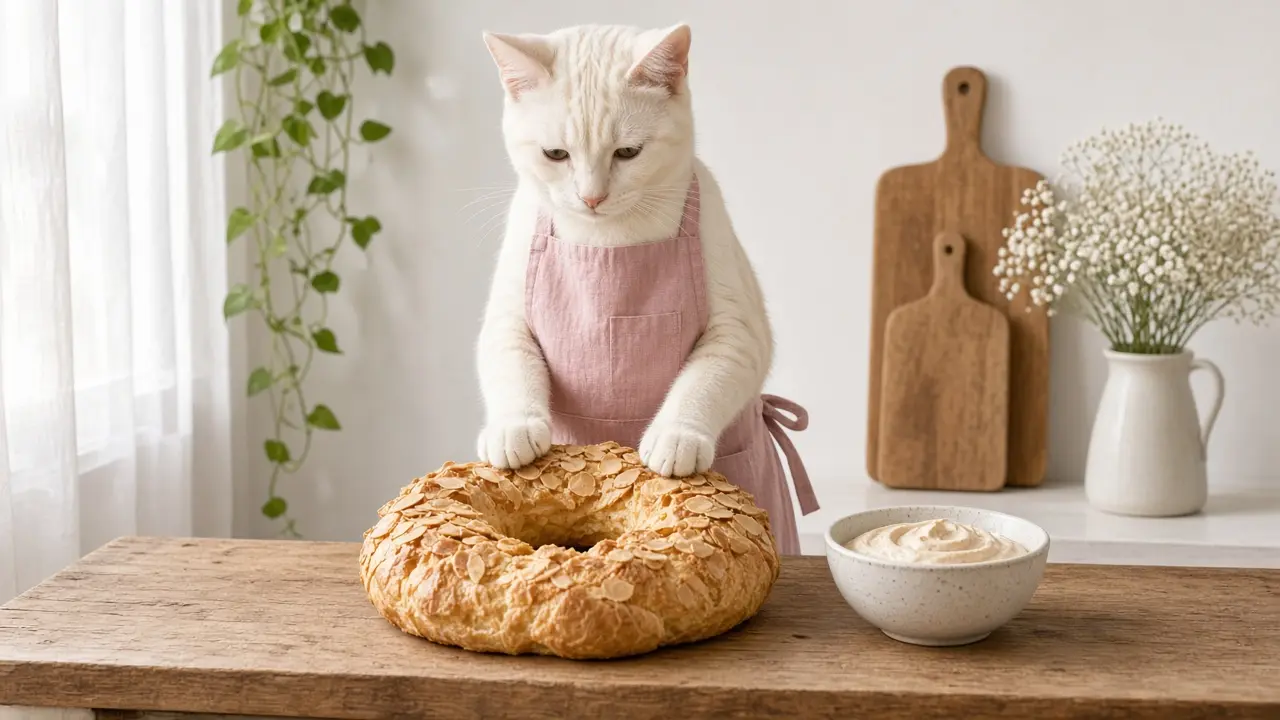 A cream-coloured cat in a pink apron, cooking this dish
