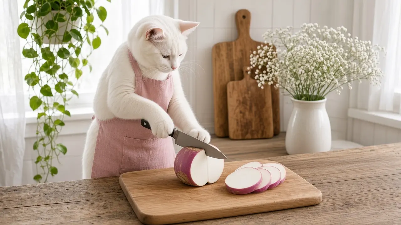 A cream-coloured cat in a pink apron, cooking this dish