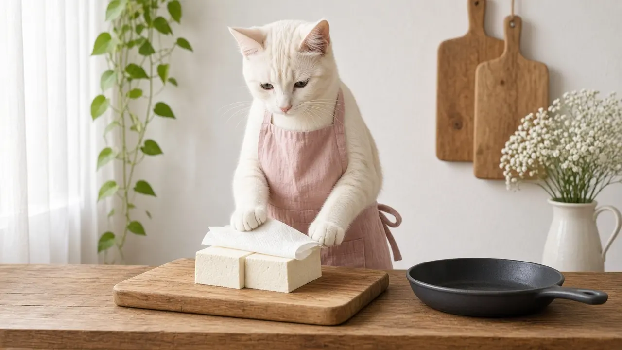 A cream-coloured cat in a pink apron, cooking this dish