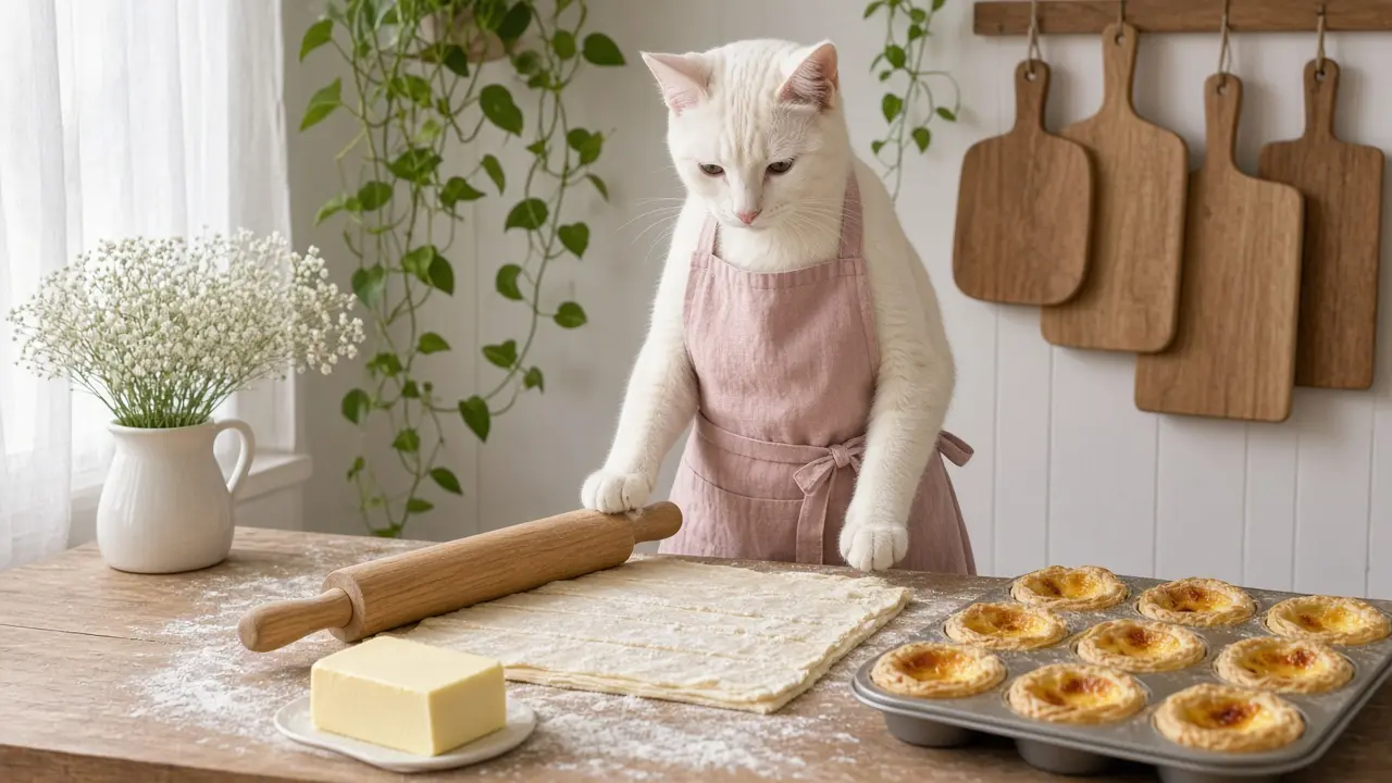 A cream-coloured cat in a pink apron, cooking this dish