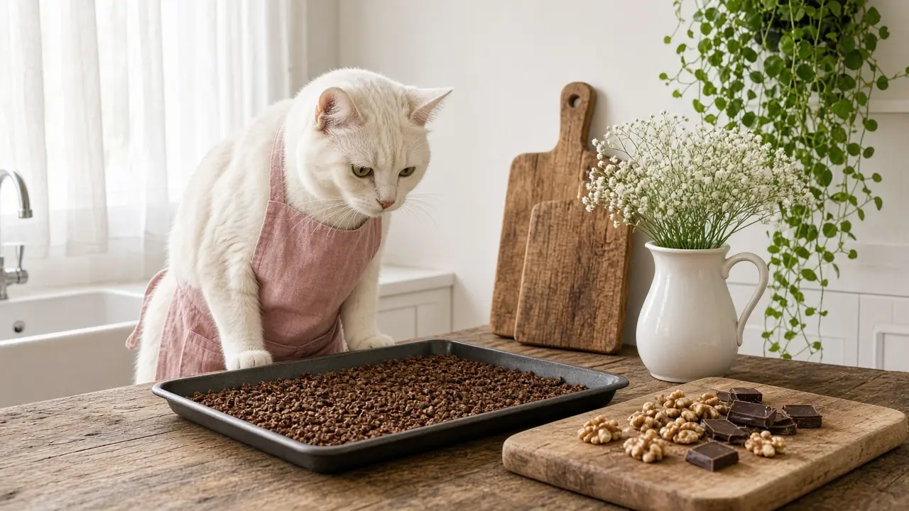 A cream-coloured cat in a pink apron, cooking this dish