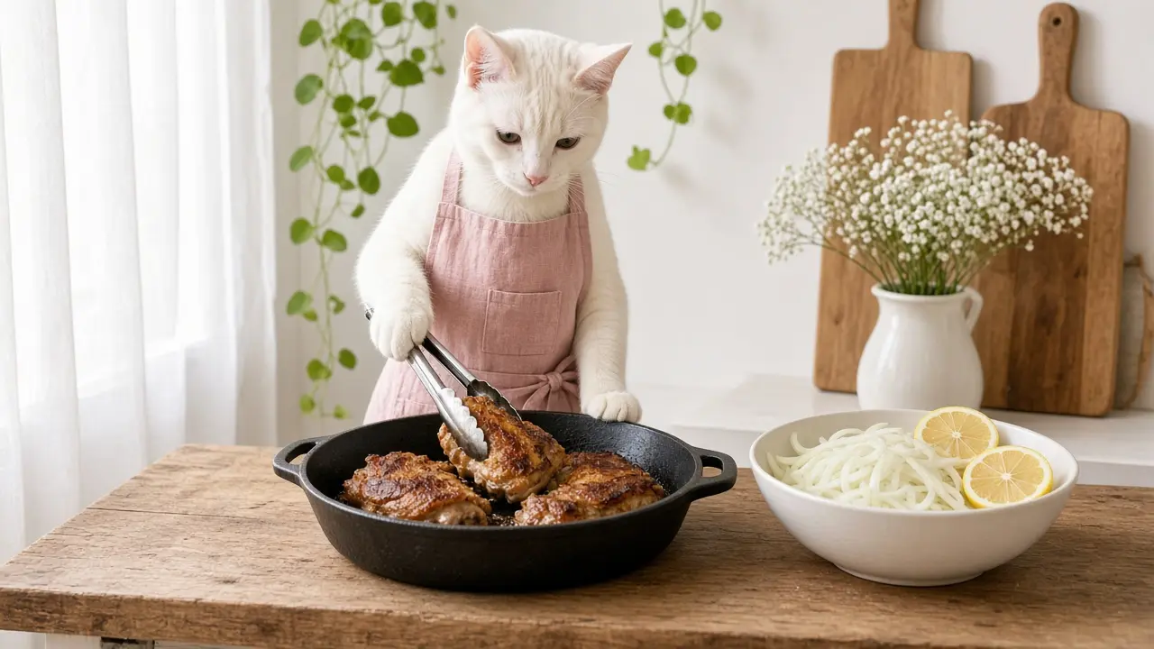A cream-coloured cat in a pink apron, cooking this dish