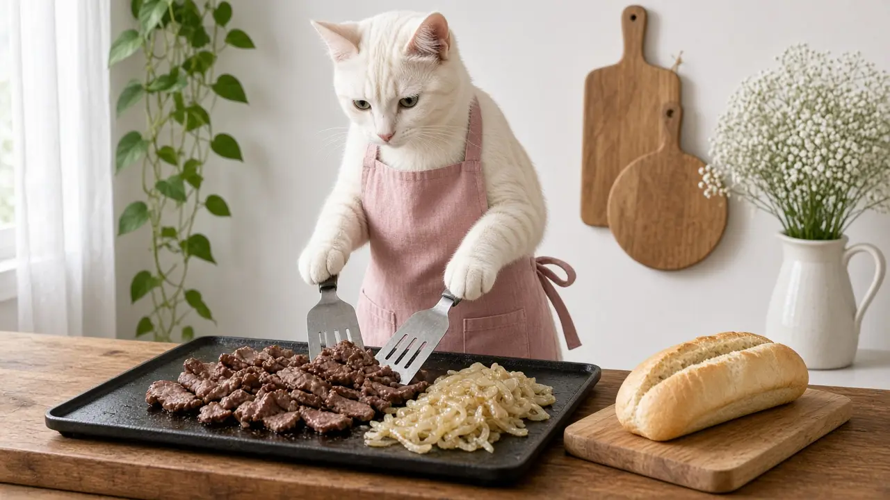 A cream-coloured cat in a pink apron, cooking this dish