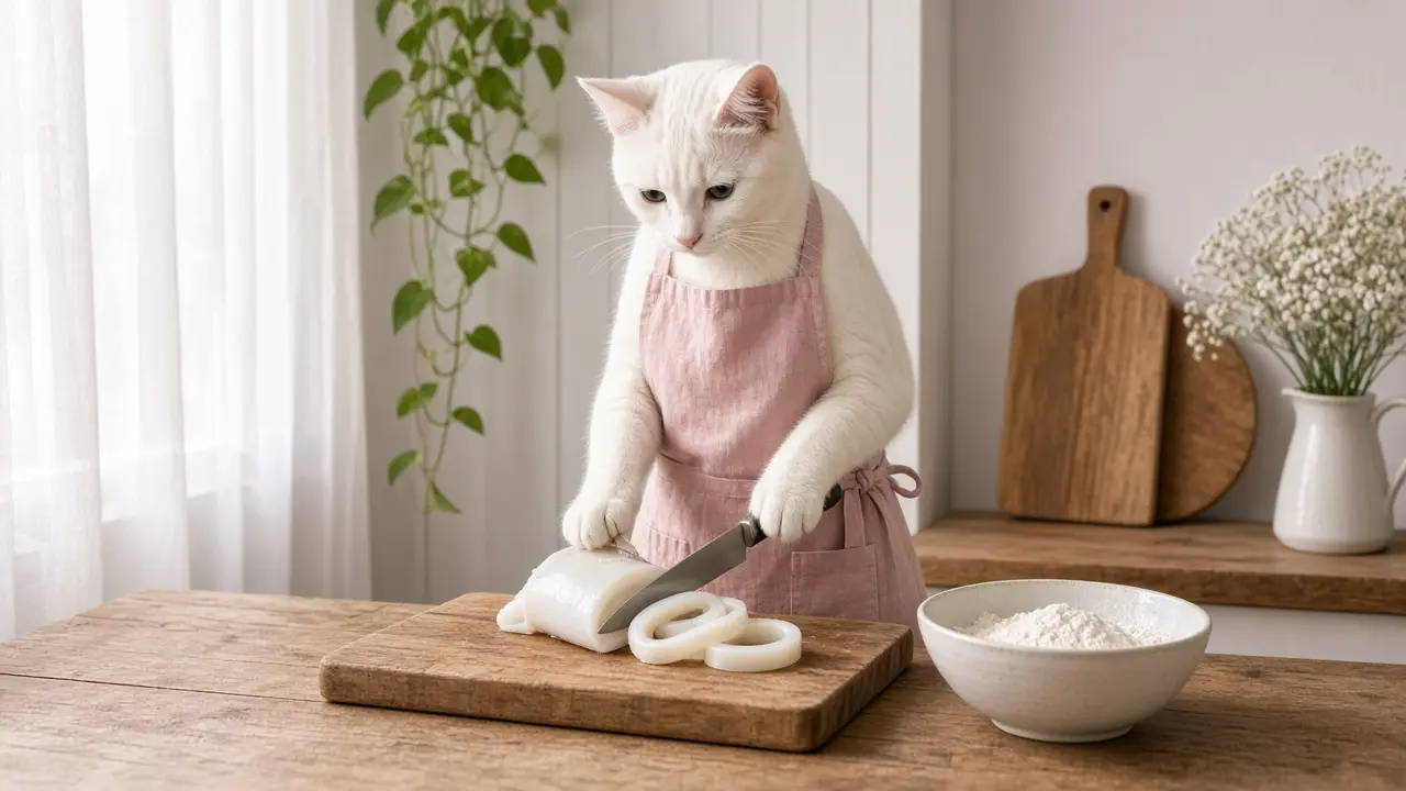 A cream-coloured cat in a pink apron, cooking this dish