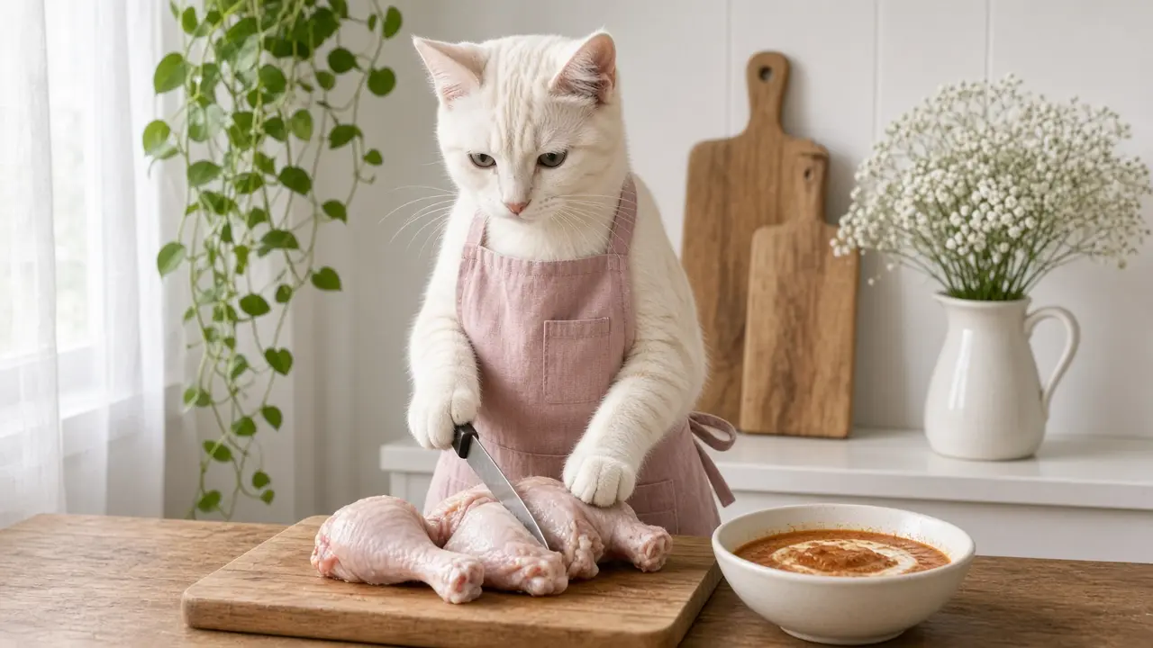 A cream-coloured cat in a pink apron, cooking this dish