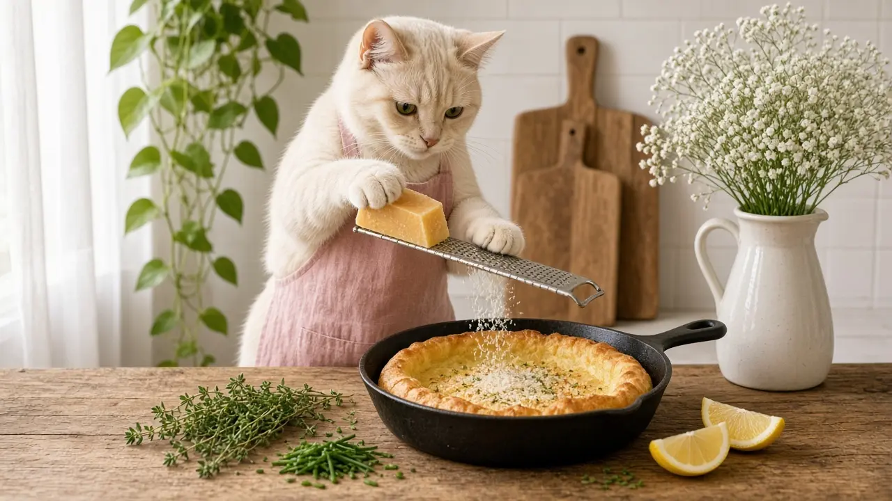 A cream-coloured cat in a pink apron, cooking this dish