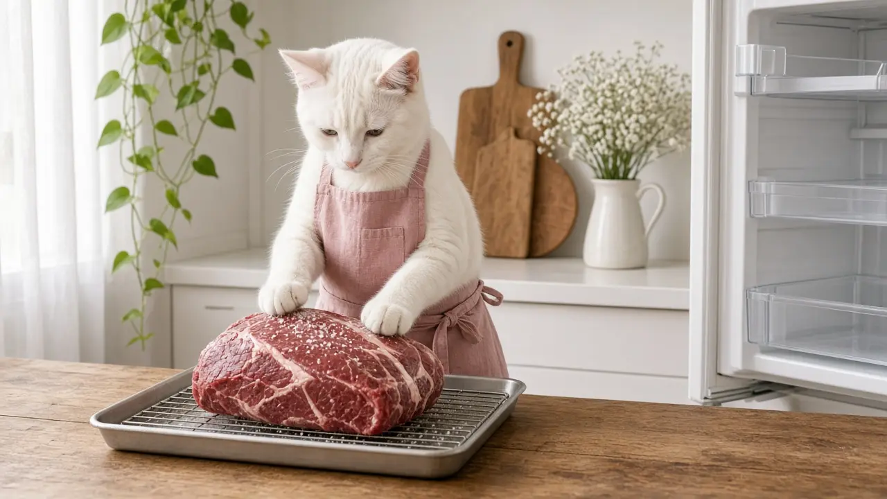 A cream-coloured cat in a pink apron, cooking this dish
