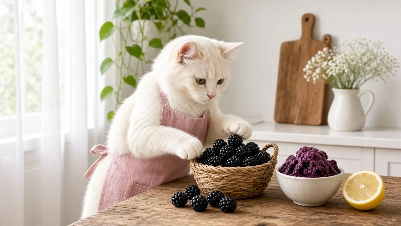A cream-coloured cat in a pink apron, cooking this dish