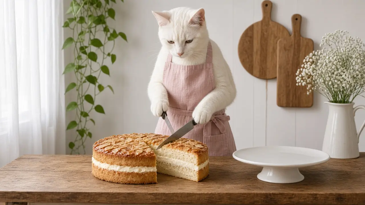 A cream-coloured cat in a pink apron, cooking this dish